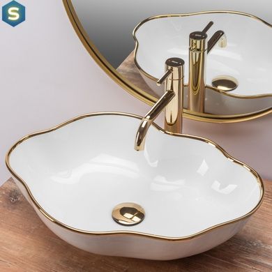 Умивальник Rea Pearl gold edge накладний білий REA-U0696, Білий