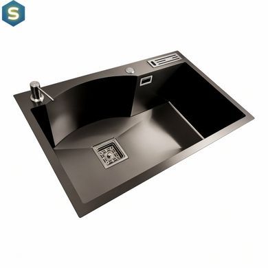 Кухонная мойка 75x46 PVD черная с подставкой для ножей Platinum Handmade HSB (квадратный сифон 3,0/1), Черный/золото