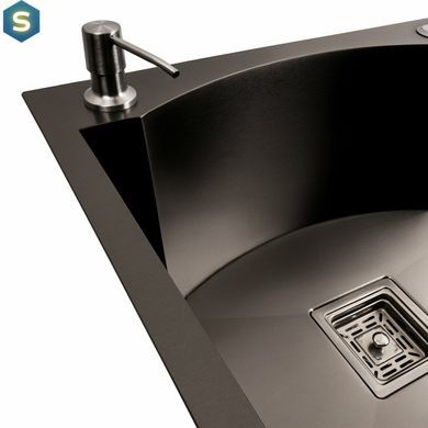 Кухонная мойка 75x46 PVD черная с подставкой для ножей Platinum Handmade HSB (квадратный сифон 3,0/1), Черный/золото