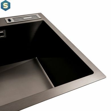 Кухонная мойка 75x46 PVD черная с подставкой для ножей Platinum Handmade HSB (квадратный сифон 3,0/1), Черный/золото