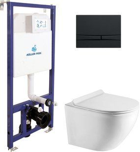 Инсталляция KOLLER POOL Dune 1200SL + панель смыва Integro Cosmo Black Matt + подвесной унитаз Round Smart с сиденьем Soft Close дюропласт