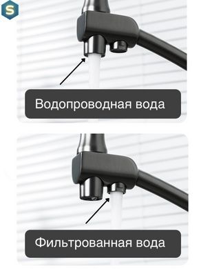 Смеситель для кухни высокий силиконовый гусак под фильтр латунный корпус гайка &Oslash;35 черный/сталь Gappo G4398-19, Черный матовый