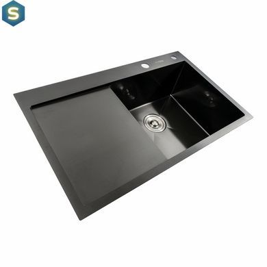 Кухонна мийка чорна PVD 78x48 R Platinum Handmade (два отвори, круглий сифон 3,0/0,8), Чорний/золото