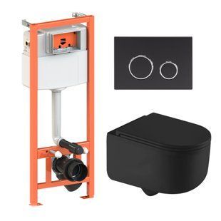 Подвесной унитаз Qtap Taurus Ultra Quiet + инсталляция Qtap Nest 4 в 1 (круглая клавиша Black mat), Черный матовый