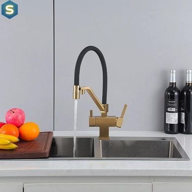 Змішувач для кухні під фільтр з гнучким виливом, золото Frap G4395-63, Чорний/золото