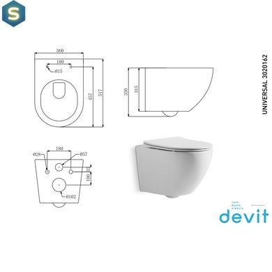 Унітаз підвісний Devit Universal 3020162 з сидінням Soft Close, Білий