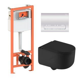 Подвесной унитаз Qtap Taurus Ultra Quiet + инсталляция Qtap Nest 4 в 1 (линейная клавиша Chrome), Черный/золото