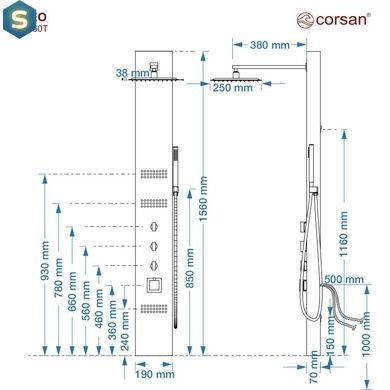 Душова панель Corsan Neo inox з термостатом S060TSL, Нержавіюча сталь