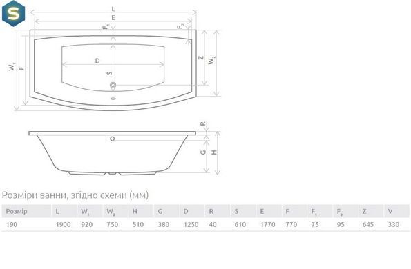 Ванна акрилова Radaway Tilia 190x90 + ніжки WA1-03-190x090U