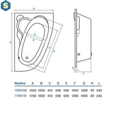 Ванна акрилова Koller Pool Nadine 150 P + сифон + ніжки NADINE150X100R+WBW0001+B70CМMA-57, Білий