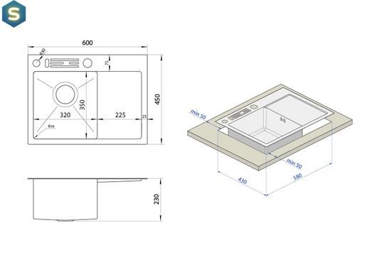 Кухонная мойка черная накладная с правым крылом 1.5 мм Nett NB-6045(R), Черный/золото