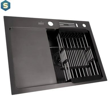 Кухонна мийка чорна накладна з лівим крилом 1.5 мм Nett NB-6045(L), Чорний/золото