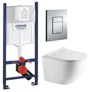 Комплект 5в1: Інсталяція Grohe Rapid + Безобідковий Підвісний унітаз Round+ клавіша хром