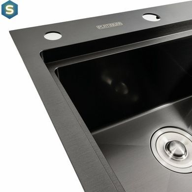 Кухонна мийка чорна PVD 78x43 L Platinum Handmade (два отвори, круглий сифон 3,0/0,8), Чорний/золото