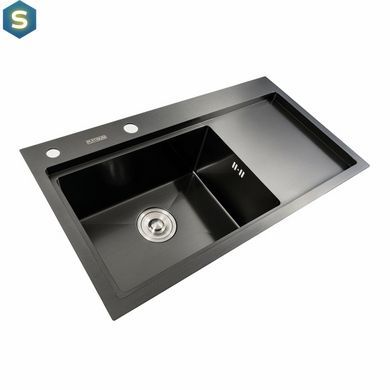 Кухонна мийка чорна PVD 78x43 L Platinum Handmade (два отвори, круглий сифон 3,0/0,8), Чорний/золото