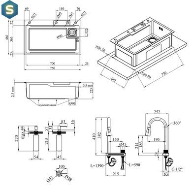 Кухонна мийка Kroner KRP Schwarze - SET7546HM PVD (3.0/0.7 мм) CV032277, Чорний/золото