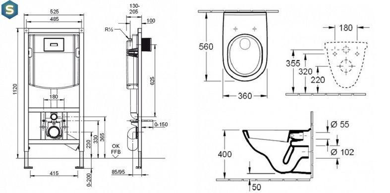 Комплект инсталляция Villeroy&Boch ViConnect + унитаз O.Novo с сидением Soft Close 5660D301, Белый