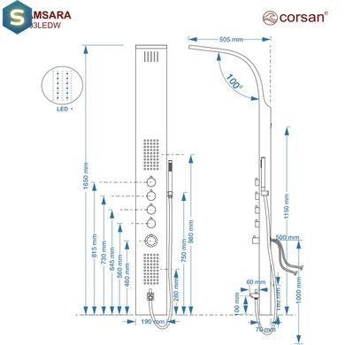 Душова панель Corsan Samsara inox LED з виливом та термостатом S003TSLLEDW, Нержавіюча сталь