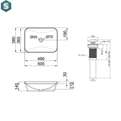 Умывальник Qtap Scorpio врезной прямоугольный 500х380х145 мм White + донный клапан PU02, Белый