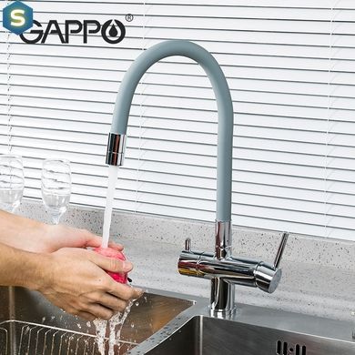 Смеситель для кухни на две воды Gappo G4398-30 с гибким изливом, серый/хром, Каппучино