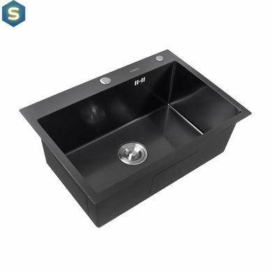 Кухонная мойка Platinum Handmade PVD 650x450x220 черная (толщина 3.0/1.5, корзина и дозатор в комплекте), Черный/золото