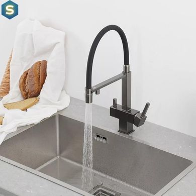 Змішувач для кухні під фільтр з гнучким виливом, чорний матовий Frap G4395-59, Графитовый хром