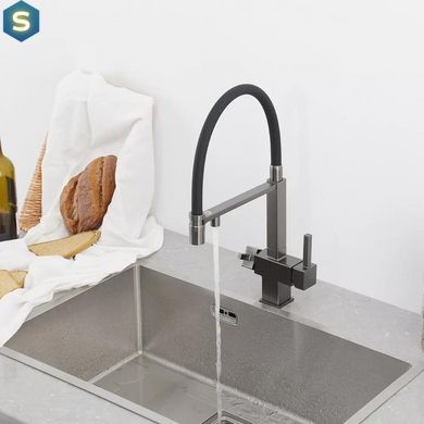 Змішувач для кухні під фільтр з гнучким виливом, чорний матовий Frap G4395-59, Графитовый хром