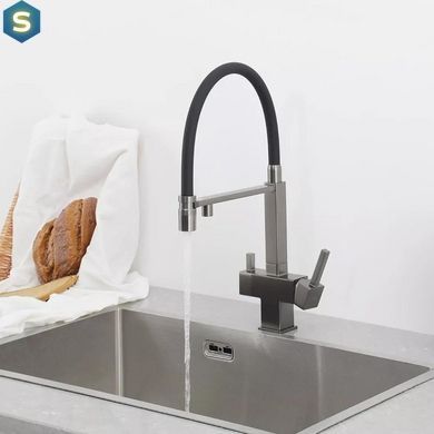 Змішувач для кухні під фільтр з гнучким виливом, чорний матовий Frap G4395-59, Графитовый хром