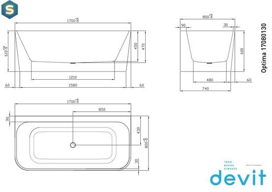 Ванна акриловая отдельностоящая Devit Optima 170x80 см 17080130