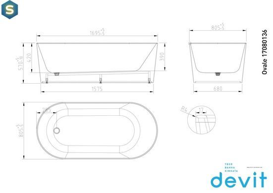 Ванна акрилова окремостояча Devit Ovale 170x80 см 17080136