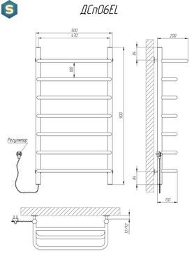 Рушникосушарка KOSSER Скоба з полицею 900х530/7 EL рег., Хром, Правий