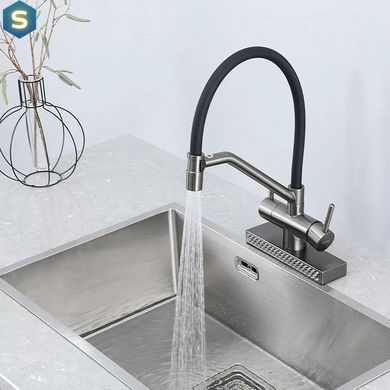 Змішувач для кухні з водоспадом, гнучкий вилив, збройована сталь Gappo G4098-9, Графитовый хром