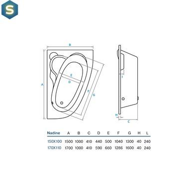 Ванна акриловая Koller Pool Nadine 170 P + сифон + ножки NADINE170X100R+WBW0001+B70CМMA-57, Белый