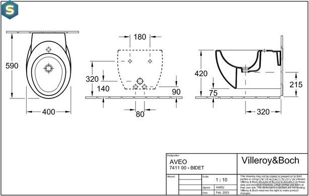 Біде підвісне Villeroy&Boch Aveo 741100R2, Білий